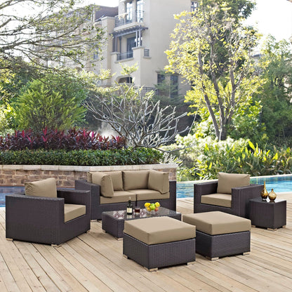 Convene 8 Piece Outdoor Patio Sectional Set with dark wicker frames and beige cushions on Tampa Home & Garden Store