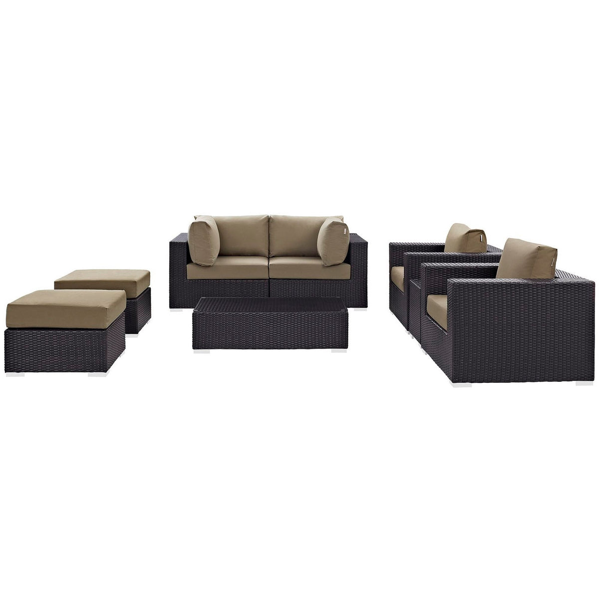 Convene 8 Piece Outdoor Patio Sectional Set in dark wicker with tan cushions on Tampa Home & Garden Store