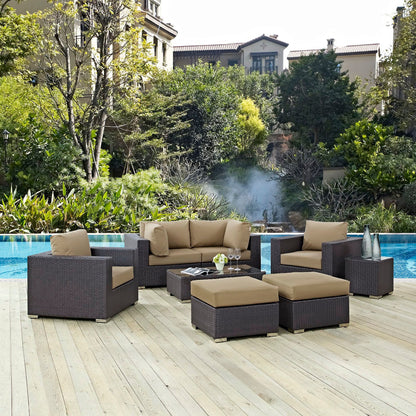 Convene 8 Piece Outdoor Patio Set by Modway dark brown wicker with tan cushions by pool on Tampa Home & Garden Store