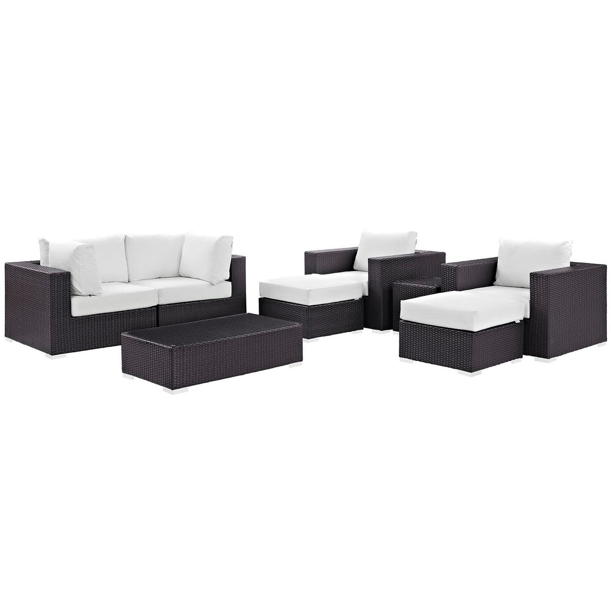 Convene 8-piece sectional sofa set in dark brown wicker with white cushions; tables by Modway on Tampa Home & Garden Store