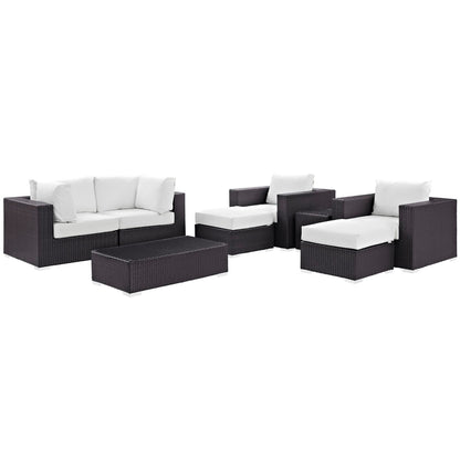 Convene 8-piece sectional sofa set in dark brown wicker with white cushions; tables by Modway on Tampa Home & Garden Store