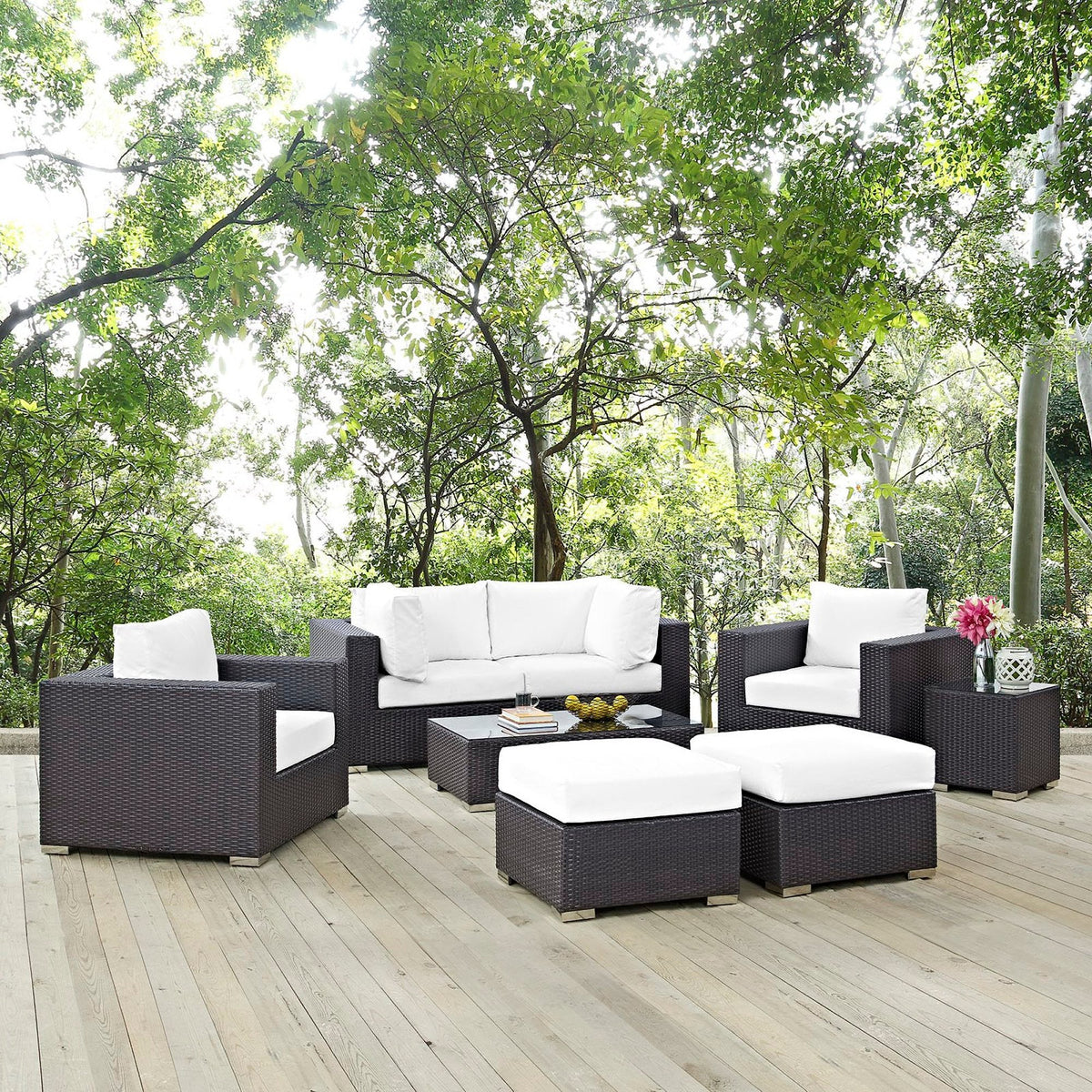 Convene 8-piece patio sectional set in dark wicker with white cushions, sofa by Modway on Tampa Home & Garden Store
