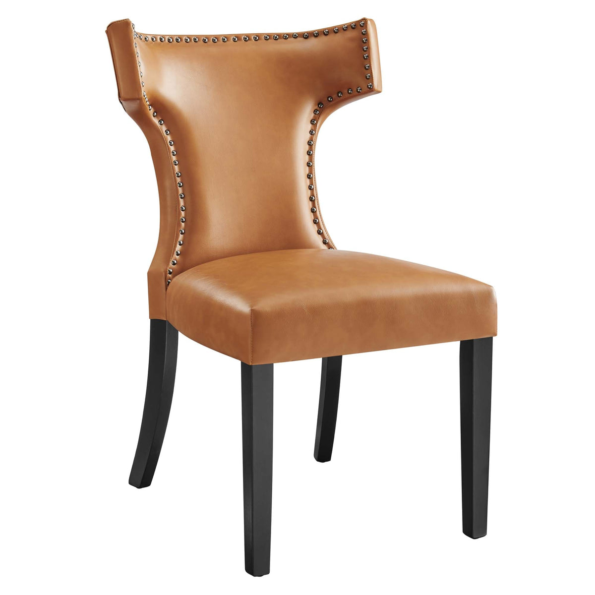 Curve Vegan Leather Dining Chair in tan with nailhead trim and black legs on Tampa Home & Garden Store