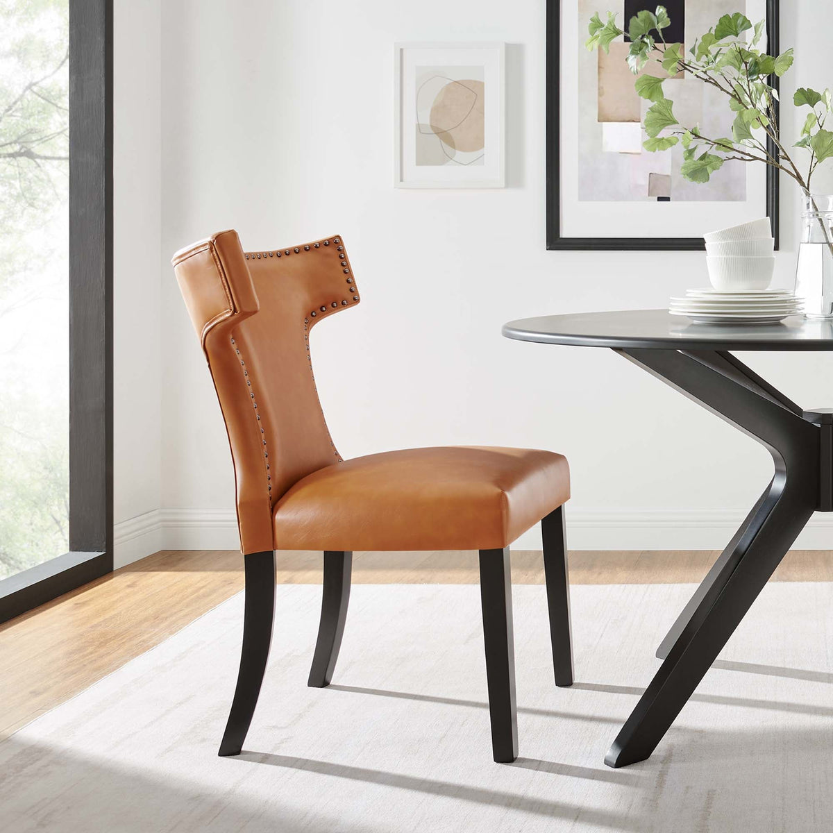 Curve Vegan Leather Dining Chair by Modway, tan upholstered with nailhead trim and black legs on Tampa Home & Garden Store