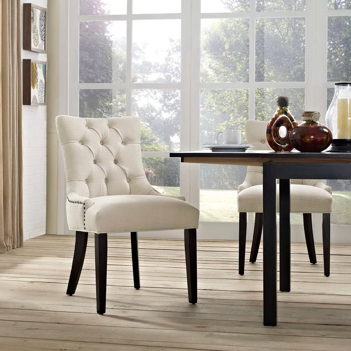 Regent Tufted Fabric Dining Chair in cream fabric upholstery with dark wood legs, set of 2 on Tampa Home & Garden Store