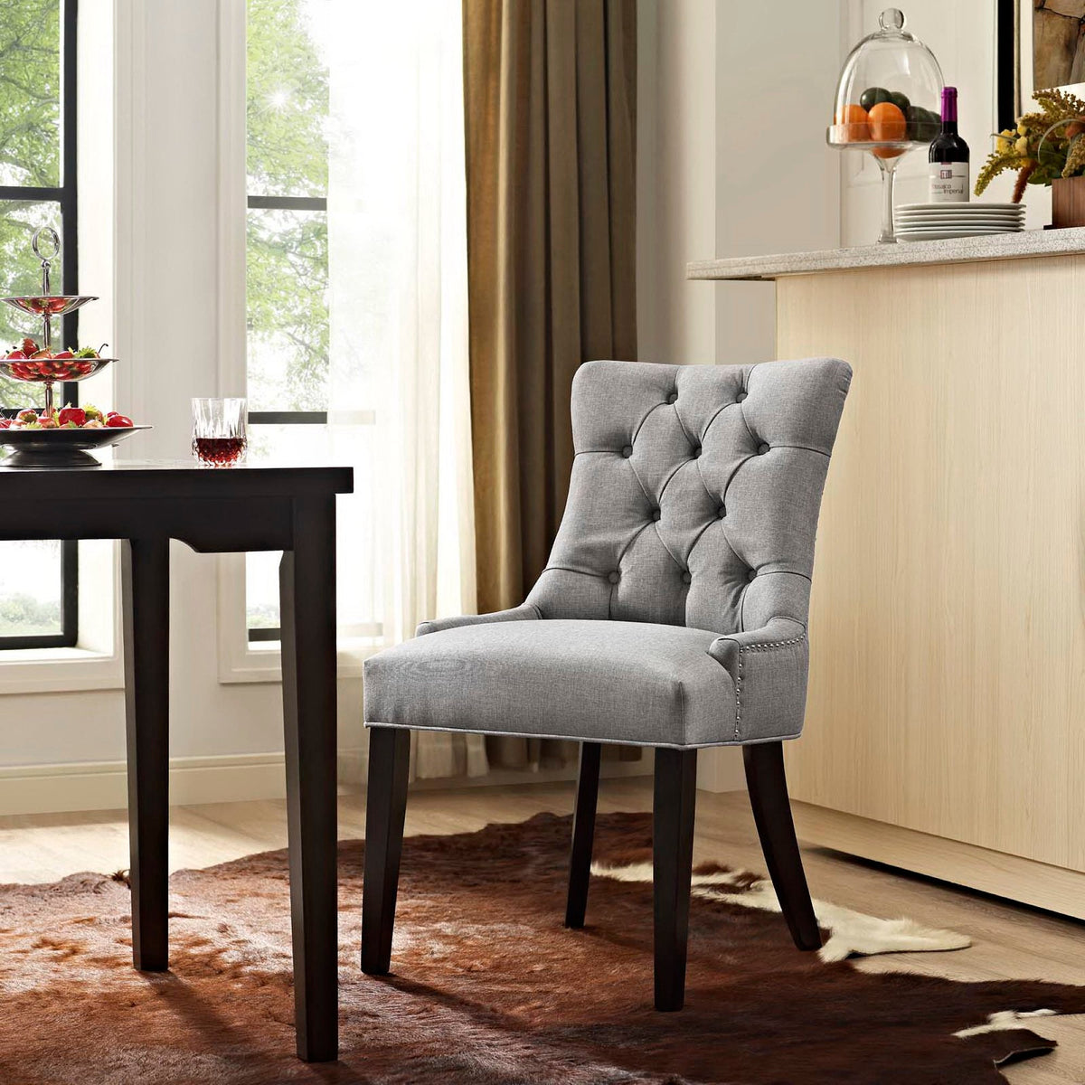 Regent Tufted Fabric Dining Chair, gray upholstery with tufted back and dark wood legs on Tampa Home & Garden Store