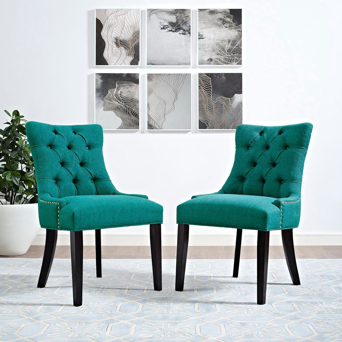 Regent Tufted Fabric Dining Chair teal pair with dark wood legs and nailhead trim on Tampa Home & Garden Store