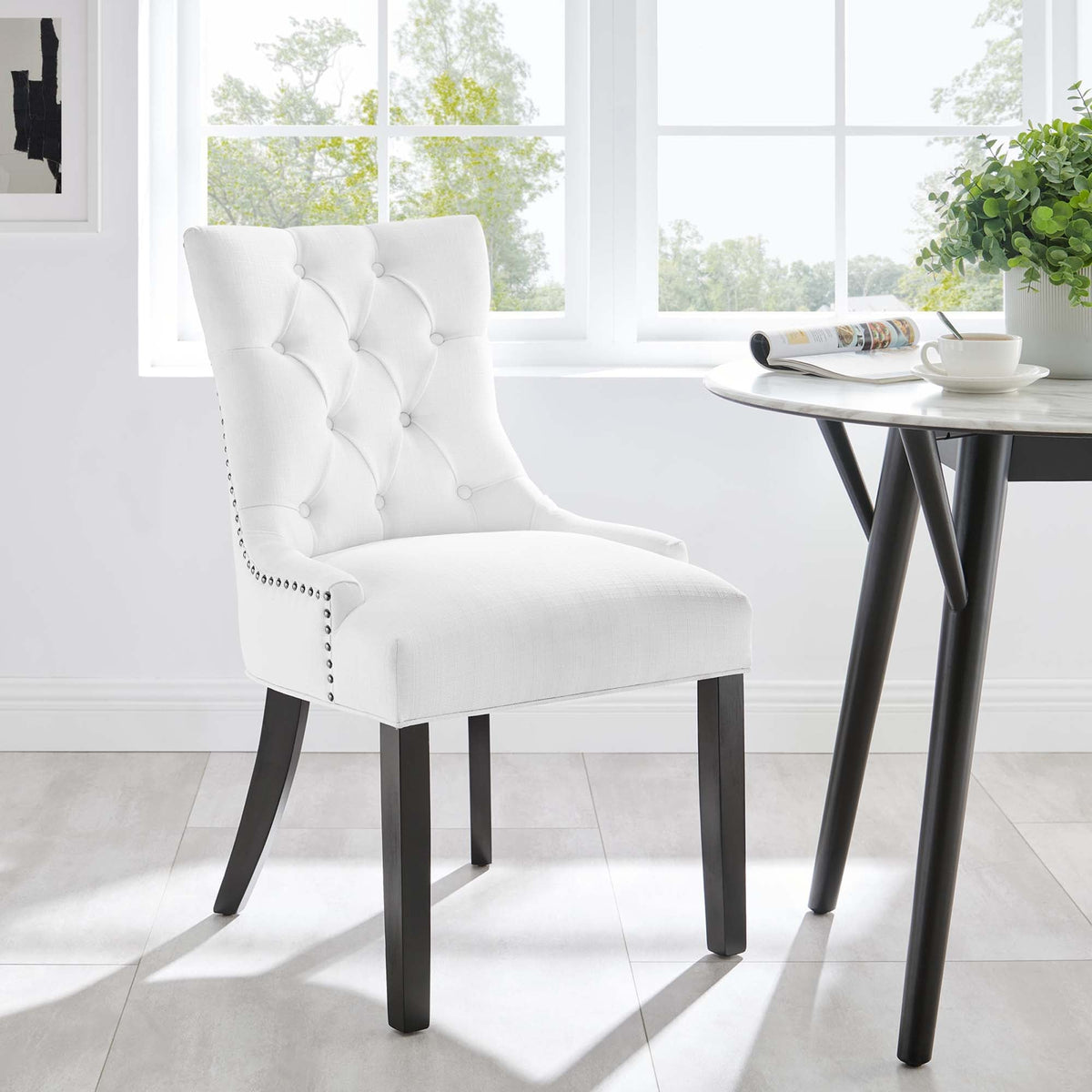 Regent Tufted Fabric Dining Chair by Modway in white with nailhead trim and dark wood legs on Tampa Home & Garden Store