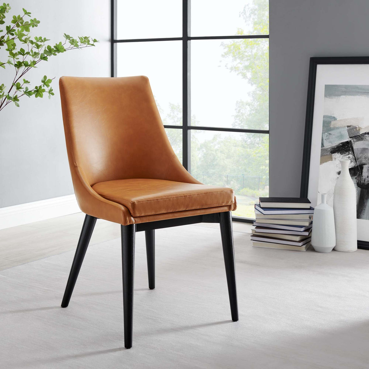 Viscount vegan leather dining chair tan upholstery with black legs on Tampa Home & Garden Store
