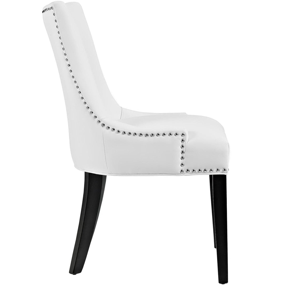 Marquis vegan leather dining chair white with chrome nailhead trim and dark wood legs on Tampa Home & Garden Store