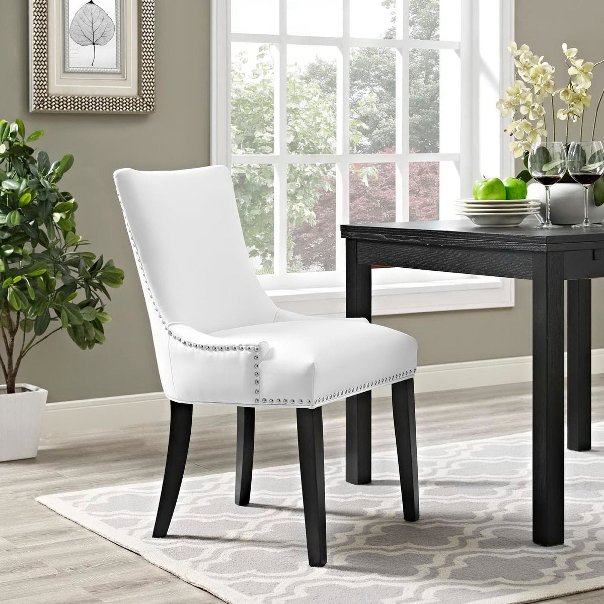 Marquis Vegan Leather Dining Chair white upholstery, dark wood legs, set of 2 by Modway on Tampa Home & Garden Store