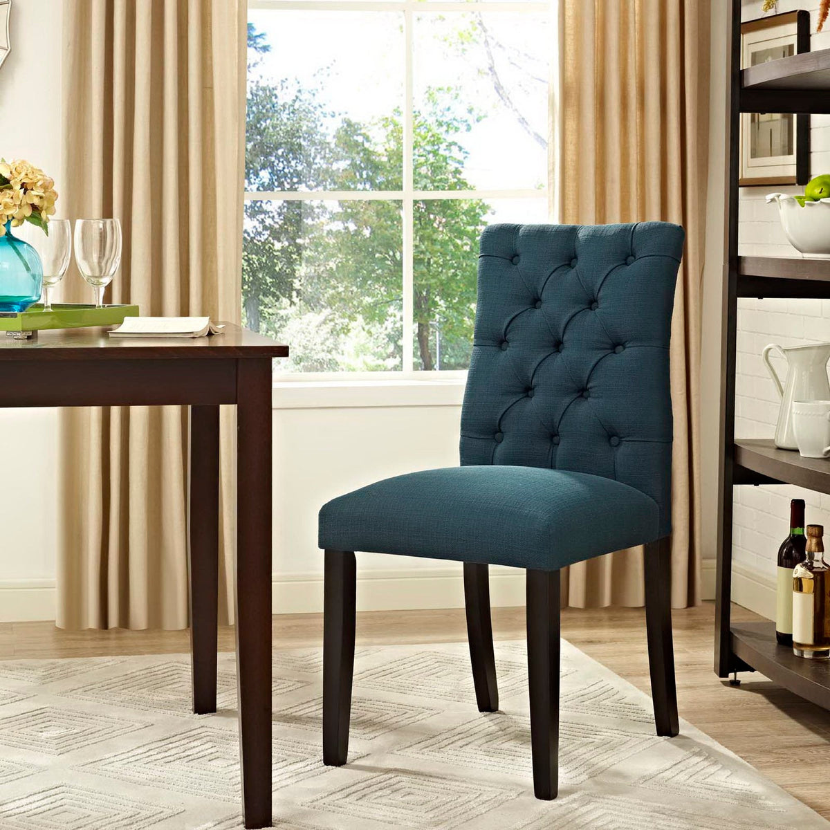 Duchess Button Tufted Fabric Dining Chair blue teal fabric with dark wood legs HouseOfZazla on Tampa Home & Garden Store