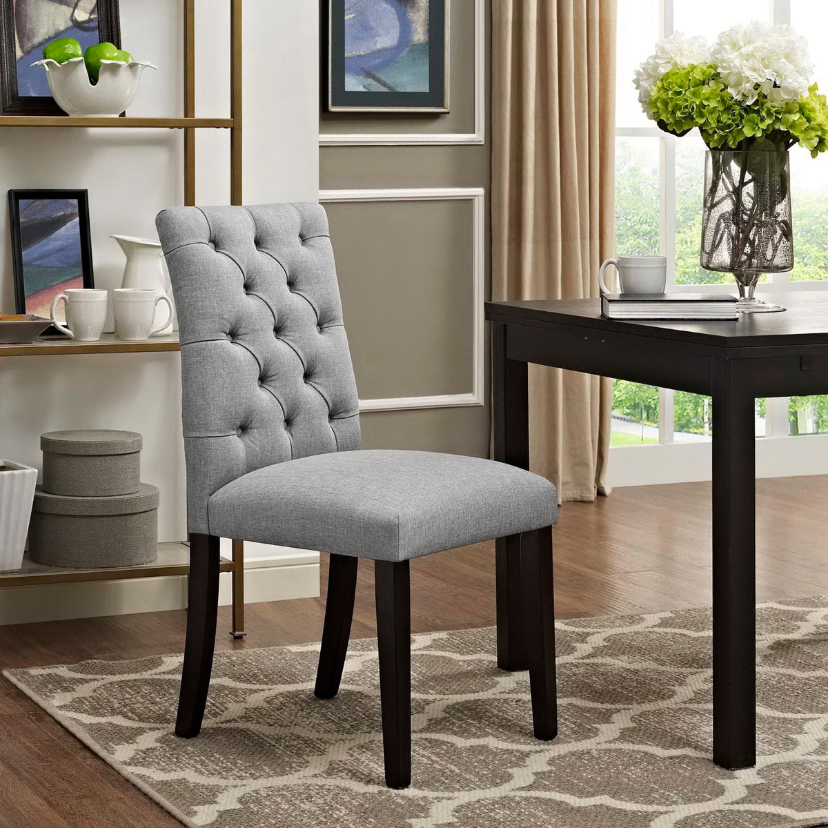 Duchess Button Tufted Fabric Dining Chair with light gray upholstery and dark wood legs on Tampa Home & Garden Store