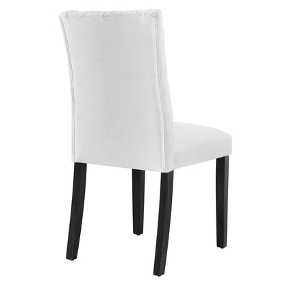 Duchess Button Tufted Fabric Dining Chair white upholstery tall back dark wood legs on Tampa Home & Garden Store