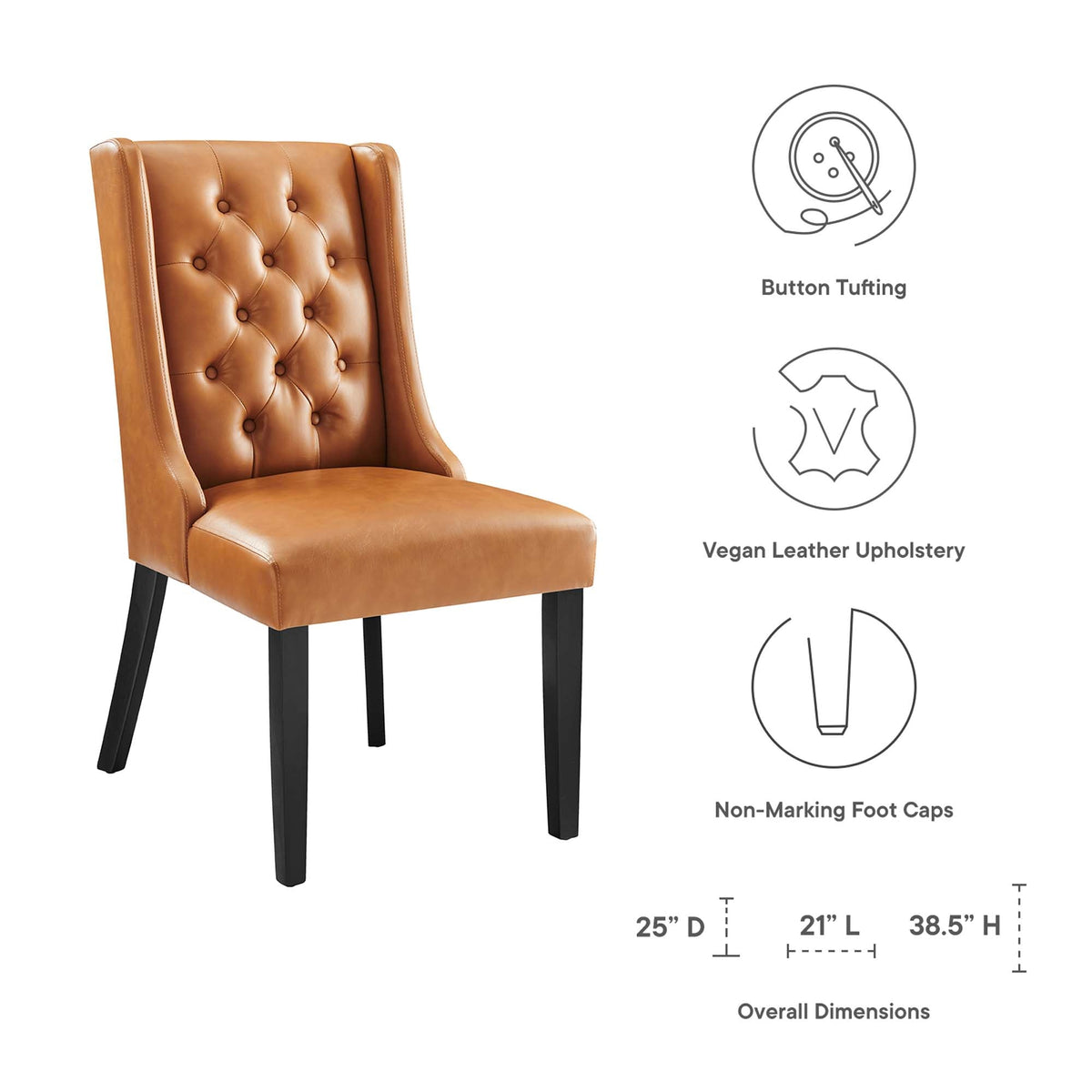 Baronet Button Tufted Dining Chair, tan vegan leather upholstery, black legs on Tampa Home & Garden Store