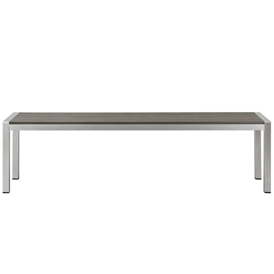 Shore Outdoor Patio Aluminum Bench with silver aluminum frame and gray-brown wood slats on Tampa Home & Garden Store