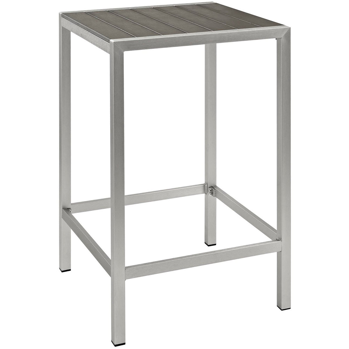 Shore outdoor patio aluminum bar table with slatted top and brushed aluminum frame on Tampa Home & Garden Store