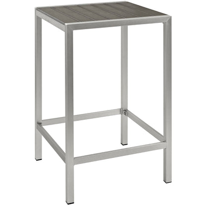 Shore outdoor patio aluminum bar table with slatted top and brushed aluminum frame on Tampa Home & Garden Store