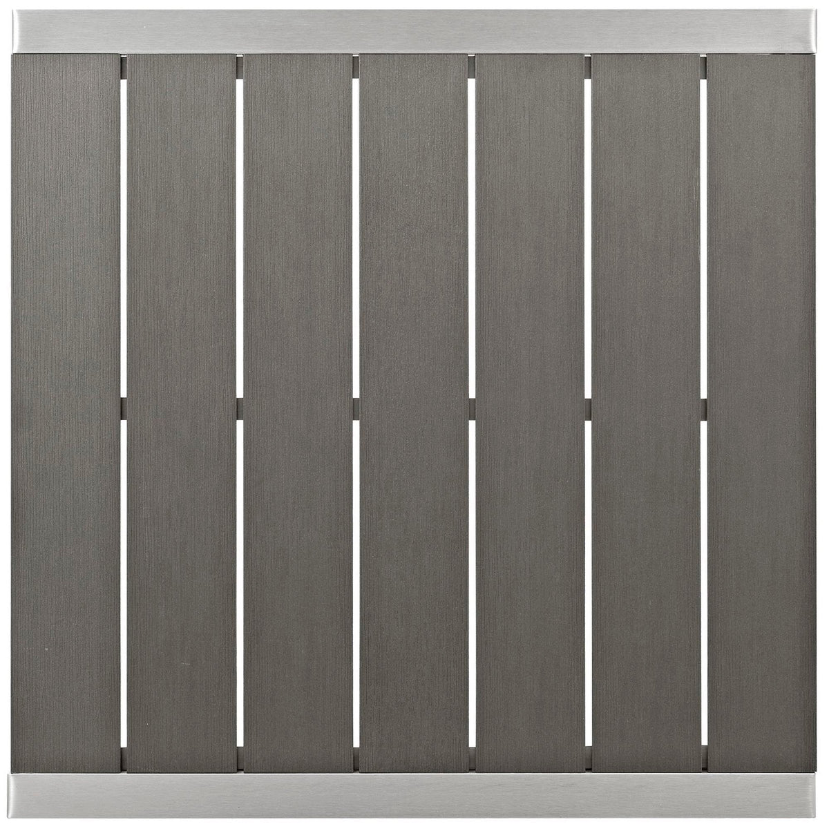 Shore Outdoor Patio Aluminum Bar Table edge with brushed aluminum rails and vertical slats on Tampa Home & Garden Store