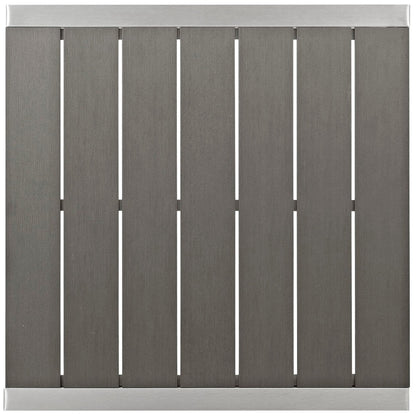 Shore Outdoor Patio Aluminum Bar Table edge with brushed aluminum rails and vertical slats on Tampa Home & Garden Store