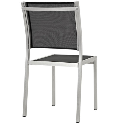 Shore Outdoor Patio Aluminum Side Chair with black mesh back and black seat on silver frame on Tampa Home & Garden Store