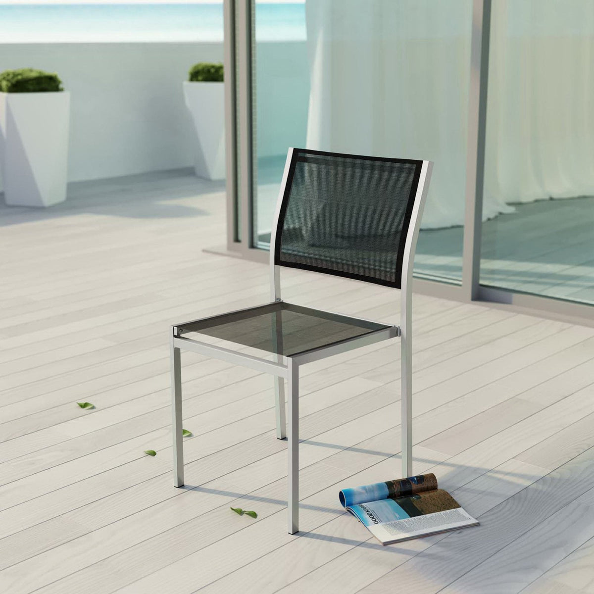 Modway Shore Outdoor Patio Aluminum Side Chair with black mesh seat and silver frame on deck on Tampa Home & Garden Store