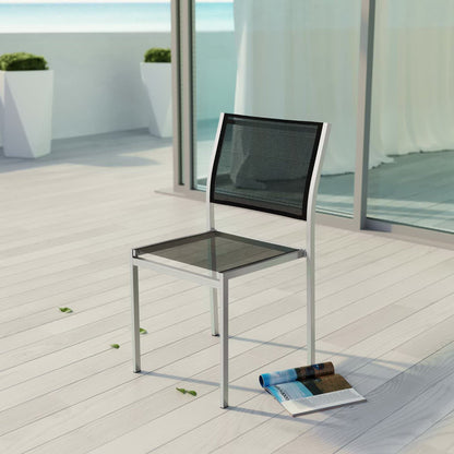 Modway Shore Outdoor Patio Aluminum Side Chair with black mesh seat and silver frame on deck on Tampa Home & Garden Store