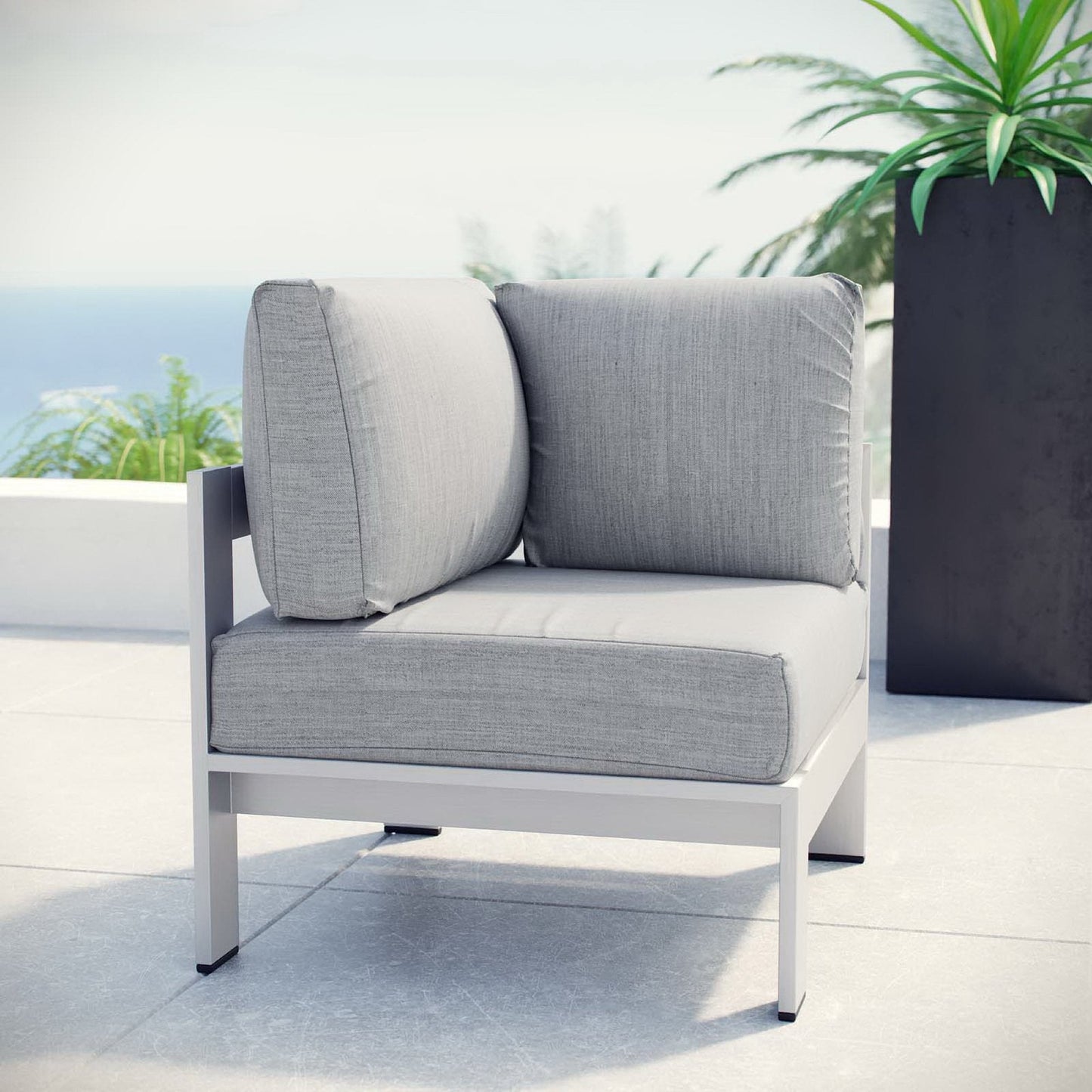 Shore Outdoor Patio Aluminum Corner Sofa with gray cushions and aluminum frame on Tampa Home & Garden Store
