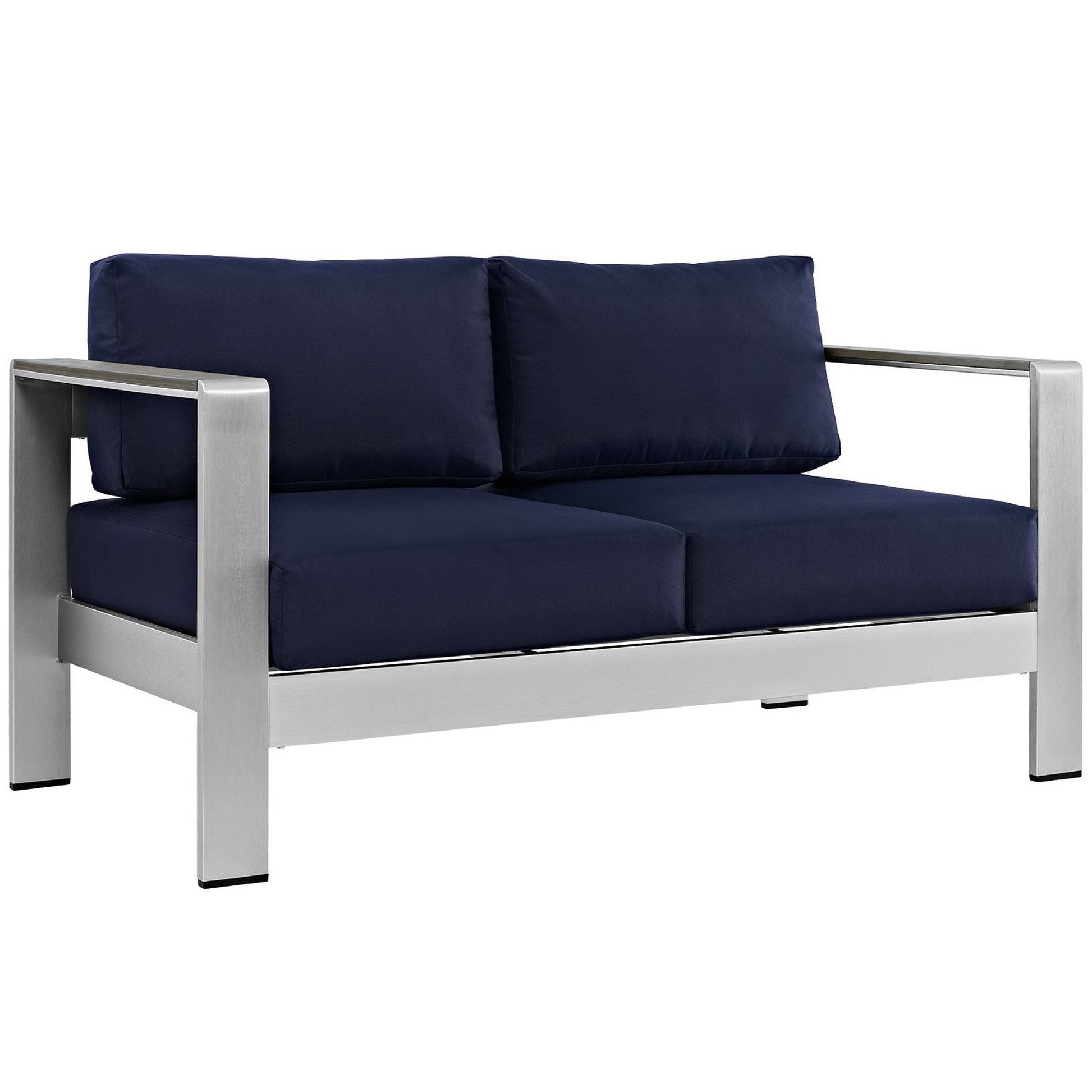 Shore Outdoor Patio Aluminum Loveseat navy cushions, brushed aluminum frame HouseOfZazla on Tampa Home & Garden Store