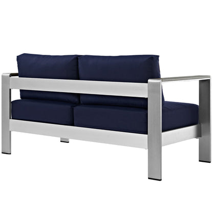 Shore Outdoor Patio Aluminum Loveseat navy cushions, aluminum frame, 2-seat furniture on Tampa Home & Garden Store