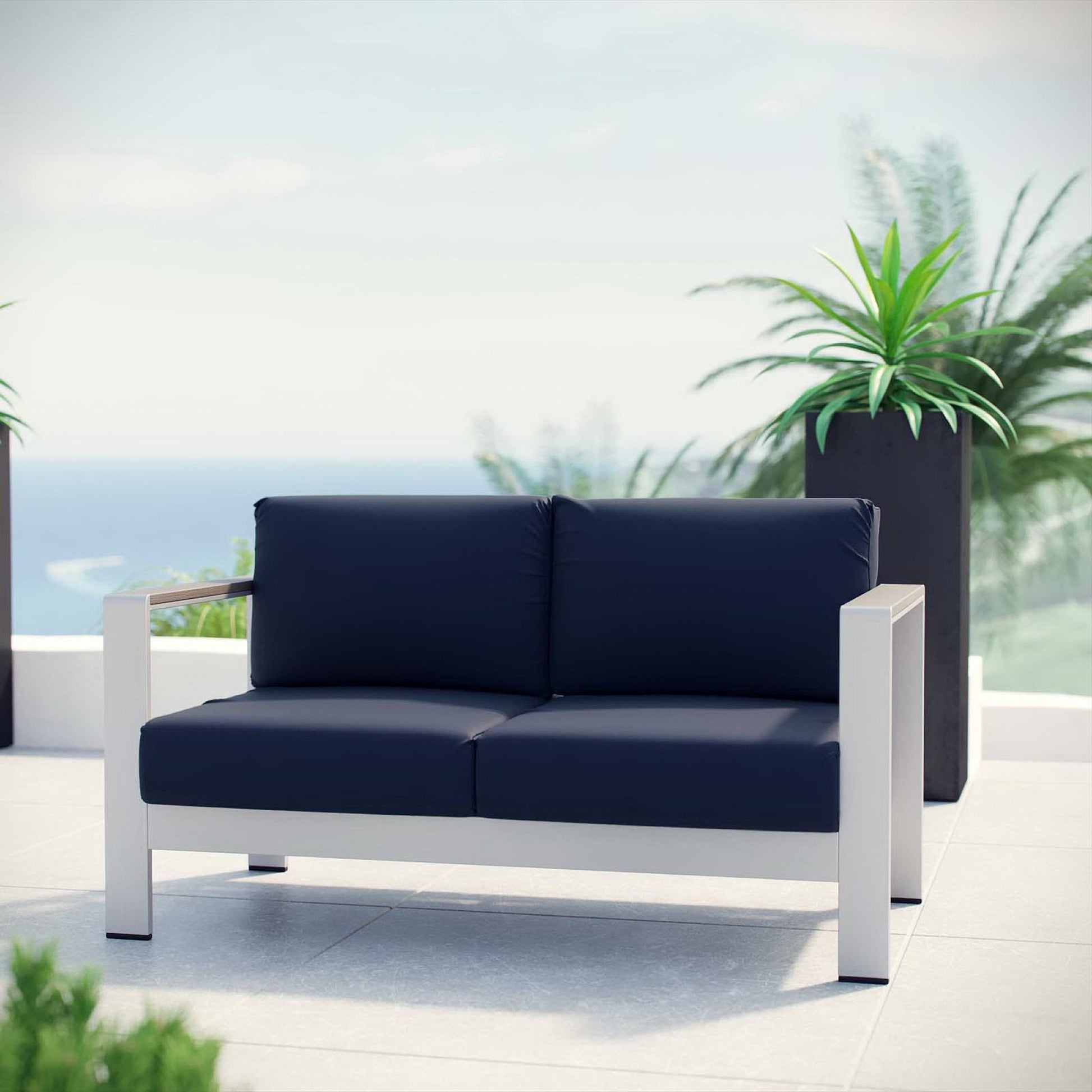 Shore Outdoor Patio Aluminum Loveseat navy cushions on white frame by Modway HouseOfZazla on Tampa Home & Garden Store