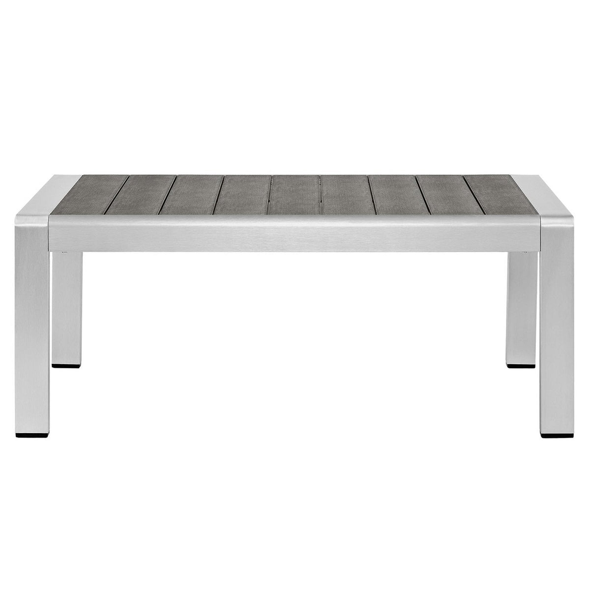Shore Outdoor Patio Aluminum Coffee Table with dark wood slat top and silver aluminum frame on Tampa Home & Garden Store