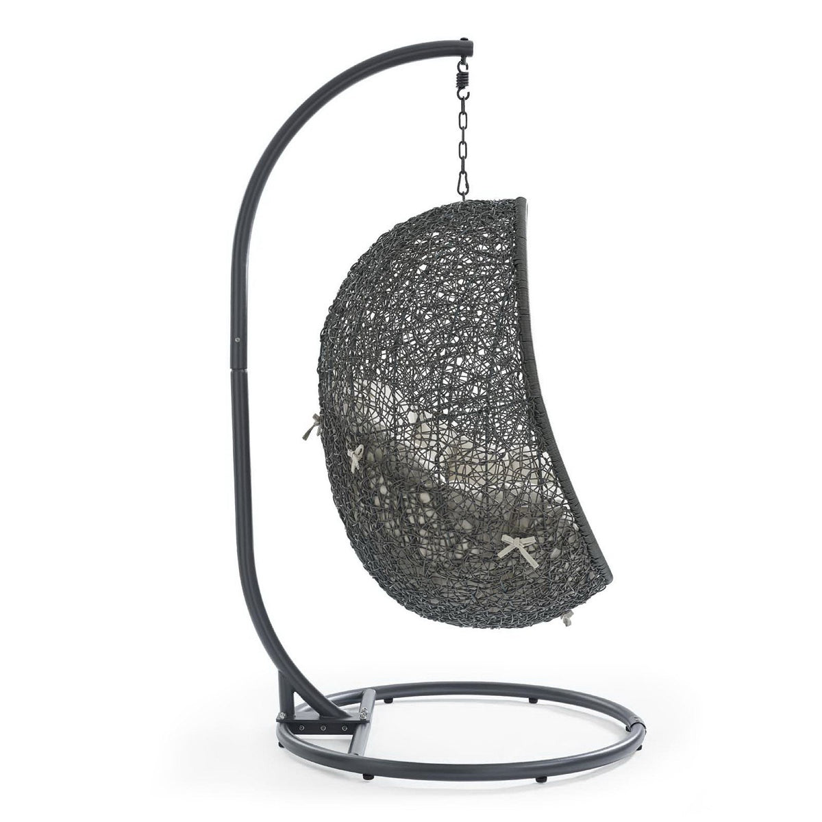 Hide Outdoor Patio Swing Chair With Stand, black woven rattan seat hangs from curved metal frame on Tampa Home & Garden Store