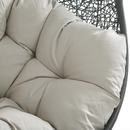 Hide Outdoor Patio Swing Chair With Stand beige cushions on dark woven wicker frame on Tampa Home & Garden Store