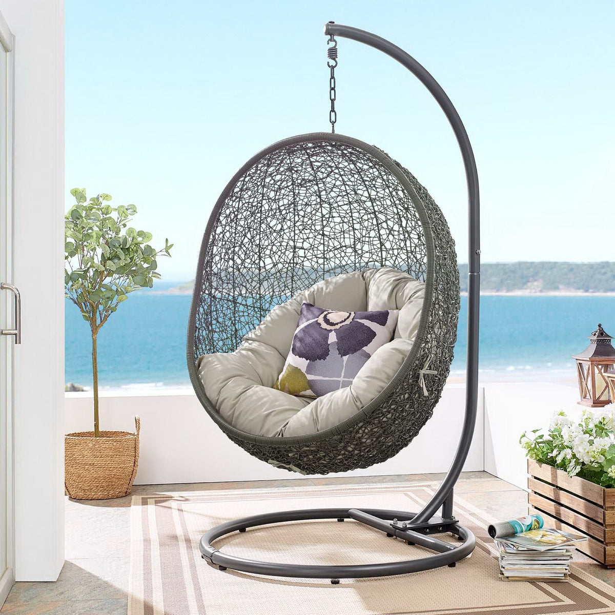 Hide Outdoor Patio Swing Chair With Stand round wicker egg chair with beige cushions Modway on Tampa Home & Garden Store
