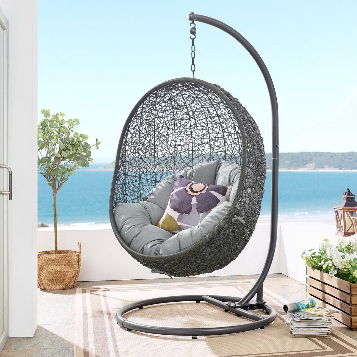 Hide Outdoor Patio Swing Chair With Stand by Modway, woven egg chair on a metal stand on Tampa Home & Garden Store