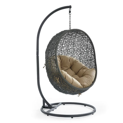 Hide Outdoor Patio Swing Chair With Stand, black wicker with tan cushion, metal frame on Tampa Home & Garden Store