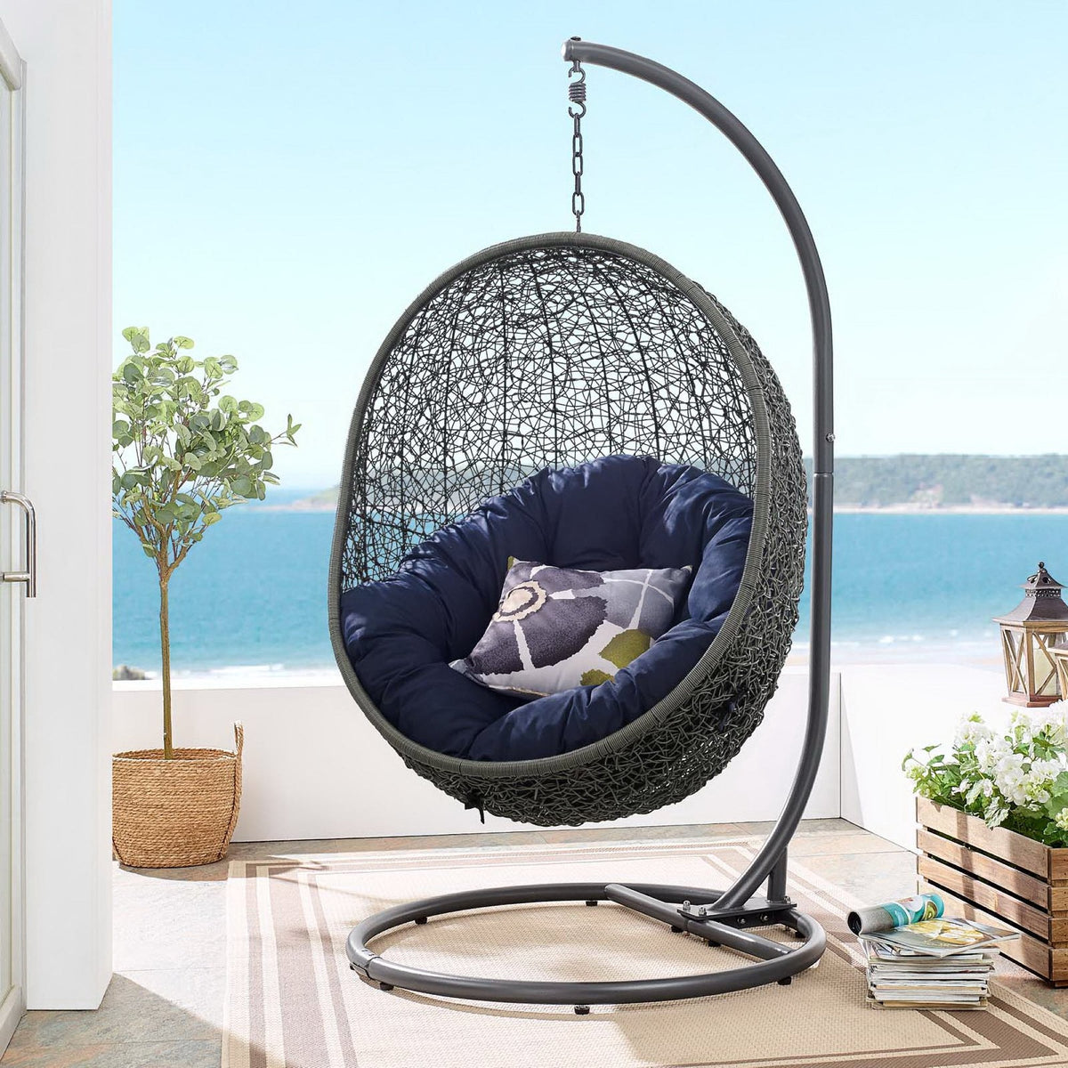 Hide Outdoor Patio Swing Chair With Stand by Modway, woven egg chair with navy cushions on Tampa Home & Garden Store