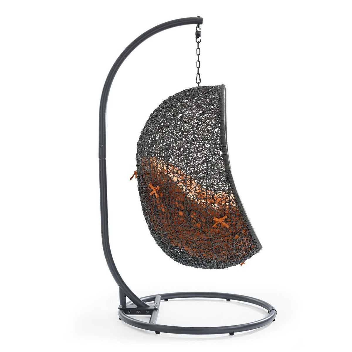 Hide Outdoor Patio Swing Chair With Stand in dark gray woven wicker with orange cushions on Tampa Home & Garden Store