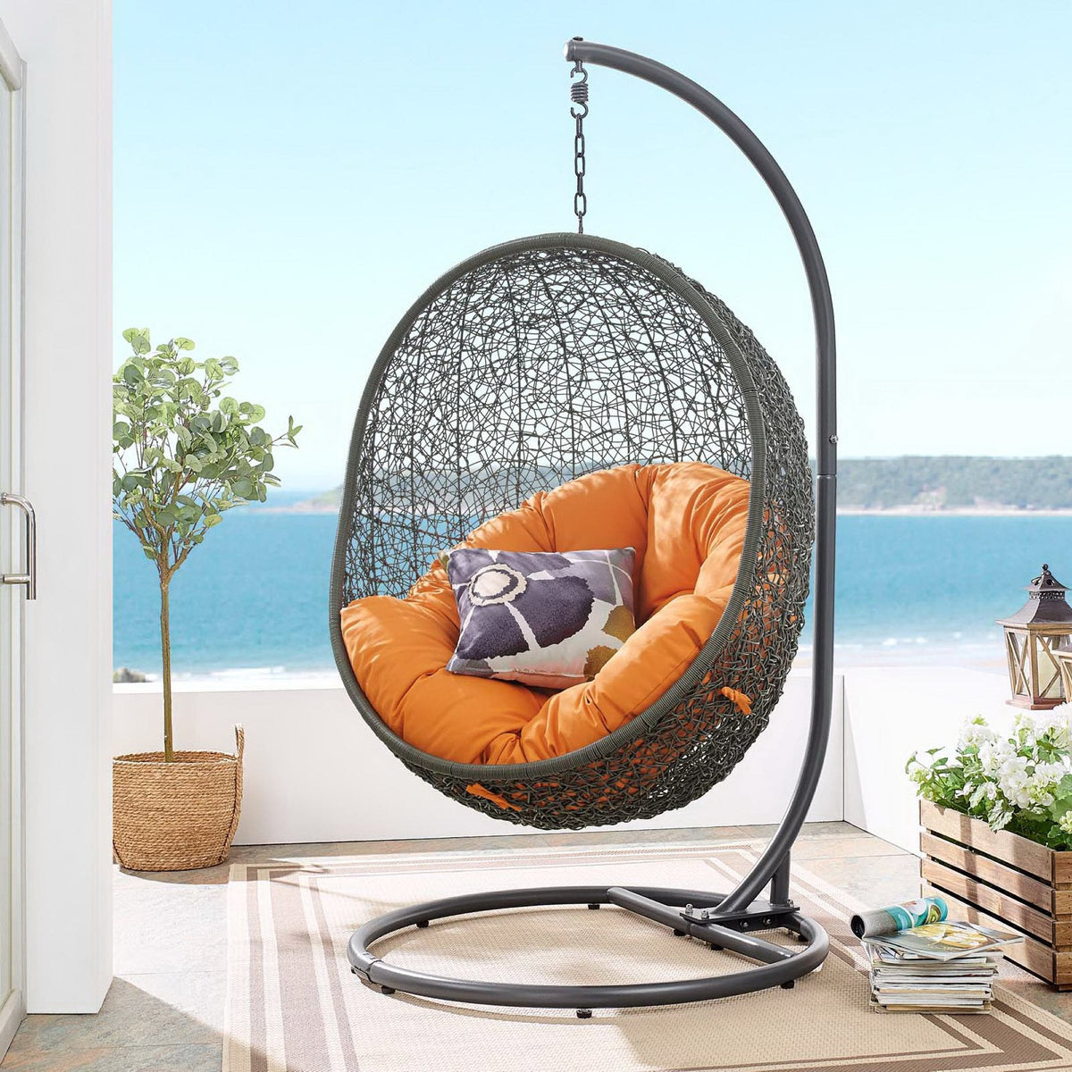 Hide Outdoor Patio Swing Chair With Stand by Modway, wicker hanging daybed with orange cushion on Tampa Home & Garden Store