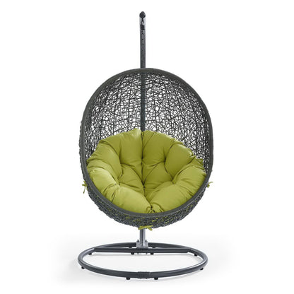 Hide Outdoor Patio Swing Chair with Stand in dark wicker and lime cushion on circular base on Tampa Home & Garden Store