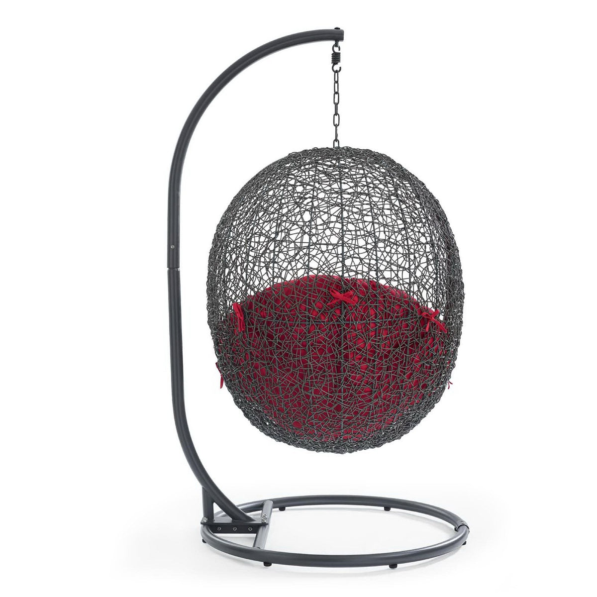 Hide Outdoor Patio Swing Chair with Stand dark gray woven sphere red cushion curved metal frame on Tampa Home & Garden Store