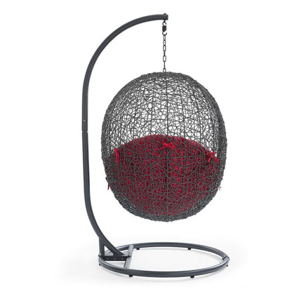 Hide Outdoor Patio Swing Chair with Stand dark gray woven sphere red cushion curved metal frame on Tampa Home & Garden Store