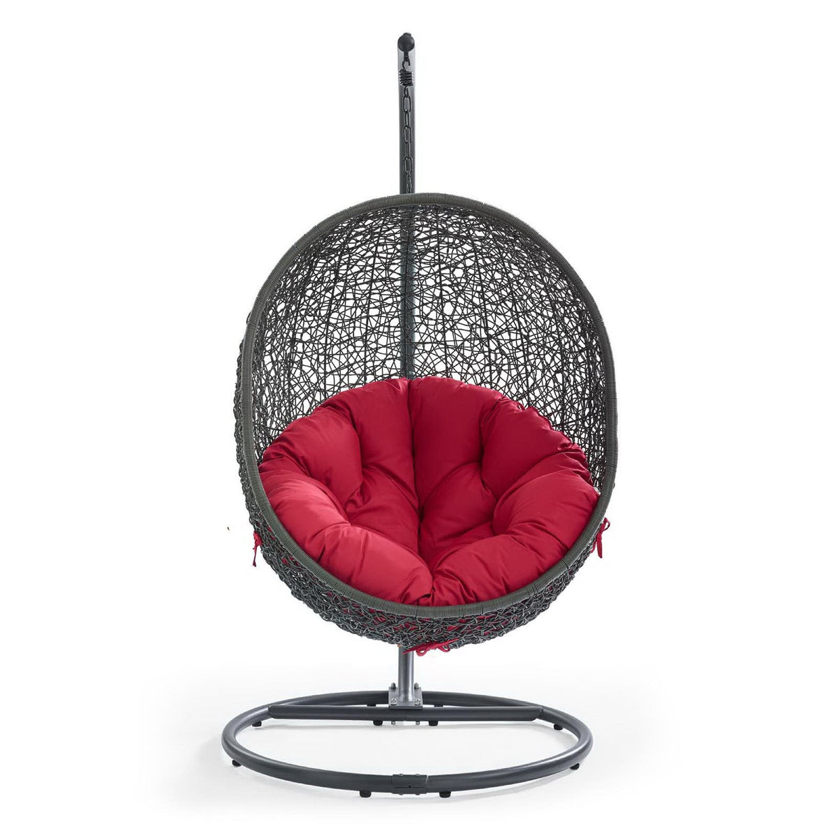 Hide Outdoor Patio Swing Chair With Stand woven sphere chair with red cushion on metal stand on Tampa Home & Garden Store