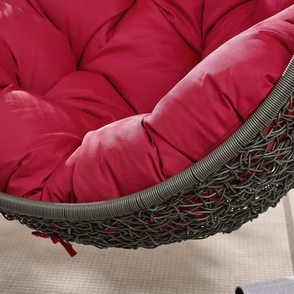 Hide outdoor patio swing chair with stand red cushion round wicker frame on Tampa Home & Garden Store