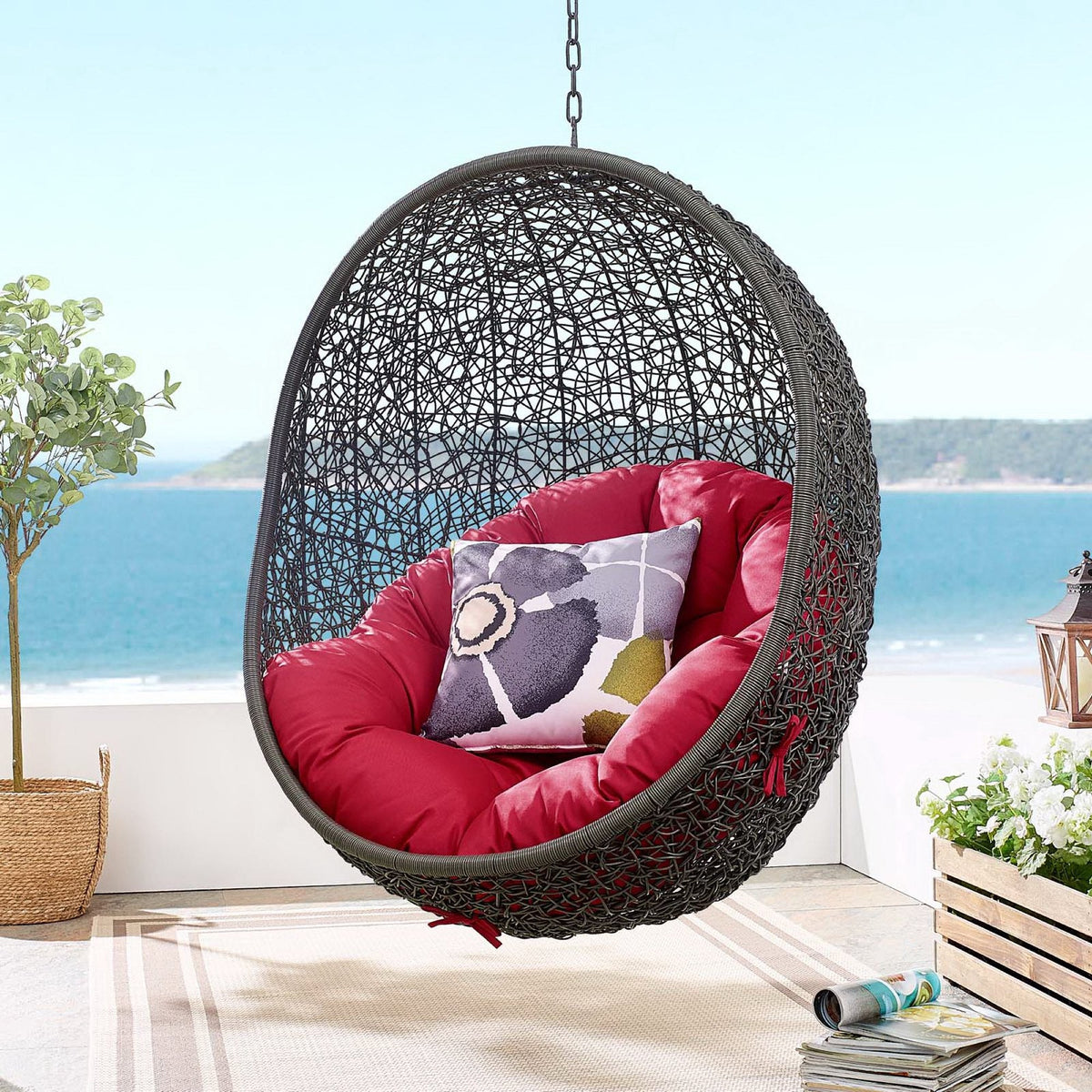 Hide Outdoor Patio Swing Chair With Stand, black woven rattan frame with red cushions on Tampa Home & Garden Store