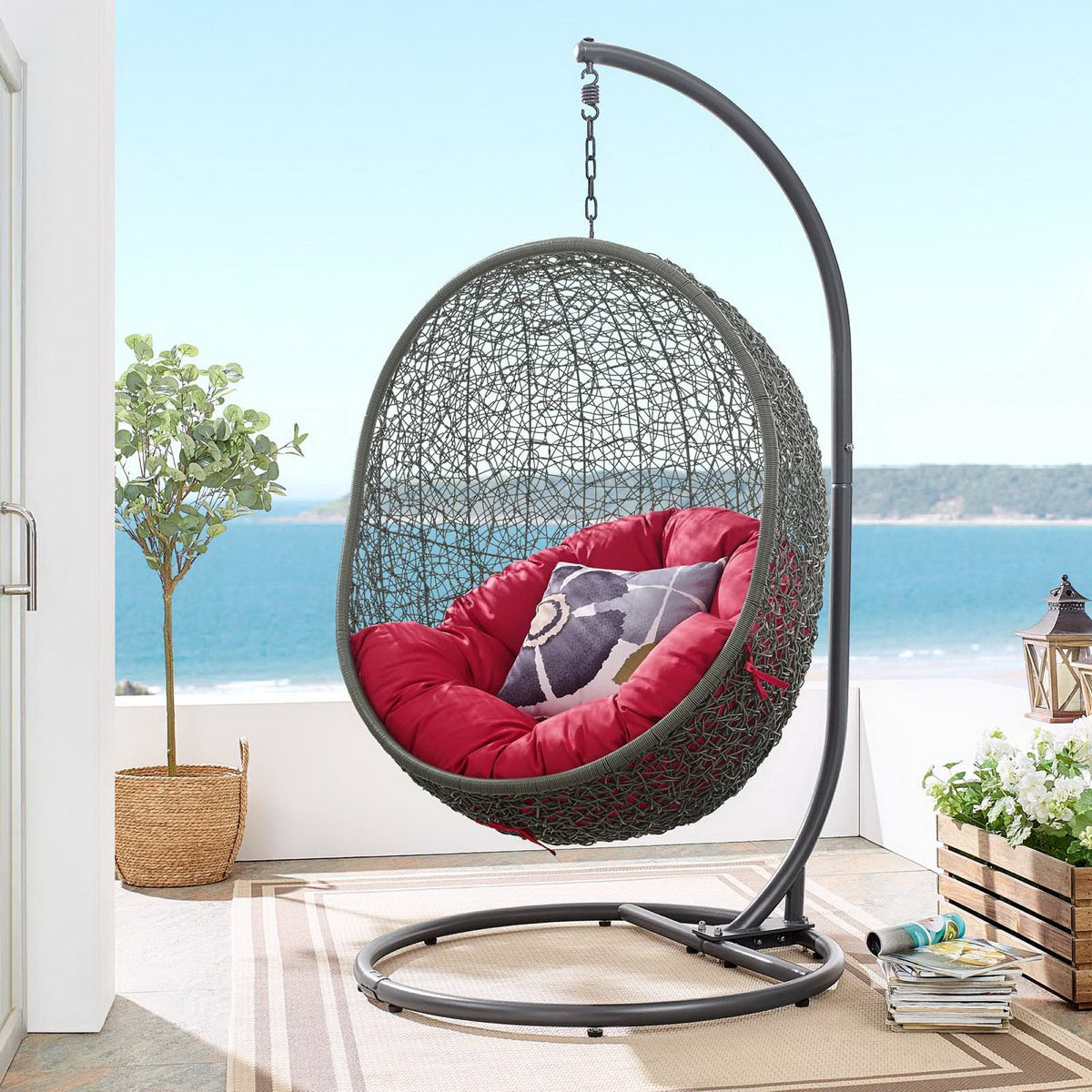 Hide Outdoor Patio Swing Chair With Stand, dark gray wicker hanging daybed with red cushion on Tampa Home & Garden Store