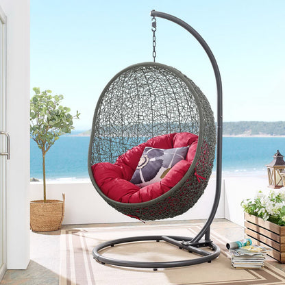Hide Outdoor Patio Swing Chair With Stand, dark gray wicker hanging daybed with red cushion on Tampa Home & Garden Store