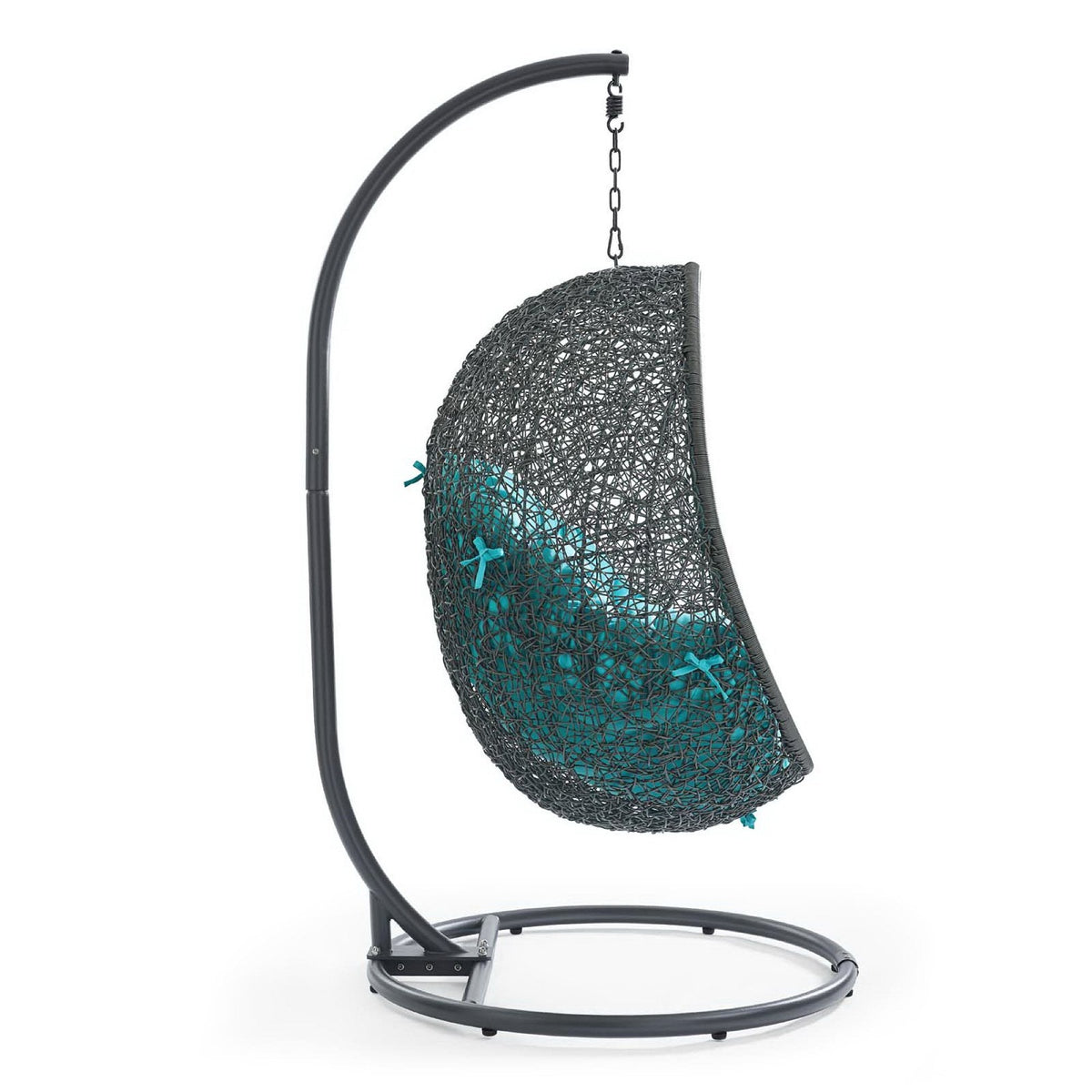 Hide Outdoor Patio Swing Chair With Stand dark grey wicker with teal cushions and chain on base on Tampa Home & Garden Store