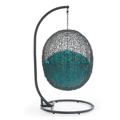 Hide outdoor patio swing chair with stand, dark gray woven spherical chair with teal cushion on Tampa Home & Garden Store